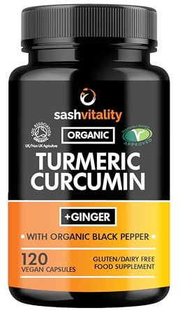 Sash Vitality Organic 4260mg Turmeric Curcumin with Black Pepper & Ginger | 120 Vegan Turmeric Capsules High Strength | Supports Joints | Immune System Support | Soil Association Certified Organic UK