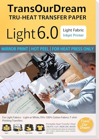 TransOurDream Tru-Heat Transfer Paper Light for Heat Press Machine Printable Vinyl 20 Sheets A4 Fabric Transfer Paper for Inkjet Printer Hot Peeling Vivid Color Durable Cost-Effective(TOD-06-20)
