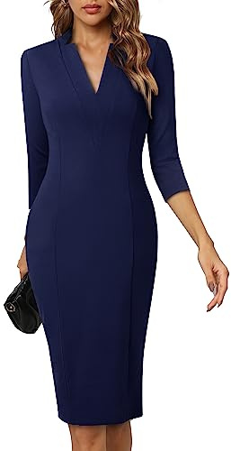HOMEYEE Women's Elegant V-Neck 3/4 Sleeve Cocktail Retro Bodycon Pencil Dress Business Midi Sheath Dress B760, navy, S