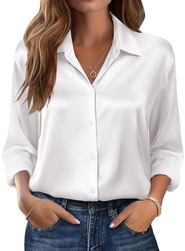 Zeagoo Chemise Satin Femme à Manches Longues Chemisier Chic en Soie Artificielle Haut Fluide et Élégant Col en V Style Business Décontracté Blanc XL