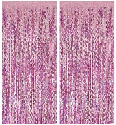 Pink Streamers Fringe Backdrop Tinsel Foil Fringe Curtains Wavy Backdrop for Party Sparkle Metallic Pink Curtain Photo Booth Props for Birthday Wedding Valentines Day Bachelorette Decorations