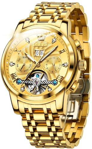 OUPINKE Herrenuhren Automatik Skelett Mechanische Armbanduhr Schwarz Zifferblatt mit Diamanten Tourbillon Wasserdicht Luminous Tag Datum Schwarz Edelstahlarmband