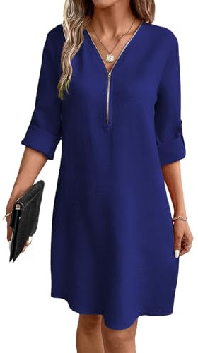 YUTILA Damen V-Ausschnitt Hemdblusenkleid 3/4 arm Knielang Einfarbig Casual a Linien Herbst Freizeitkleider mit Taschen