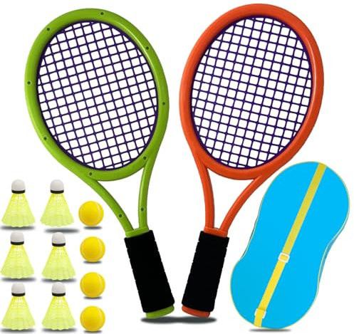 Nileatry Kinder-Tennisset, Das SchläGerset Beinhaltet 2 KinderschläGer, 4 SchwammbäLle, 6 BadmintonschläGer Und Einen Tragbaren Rucksack,Geeignet für Kinder im Alter von 3–15. (Tiefes Orange und Grün)