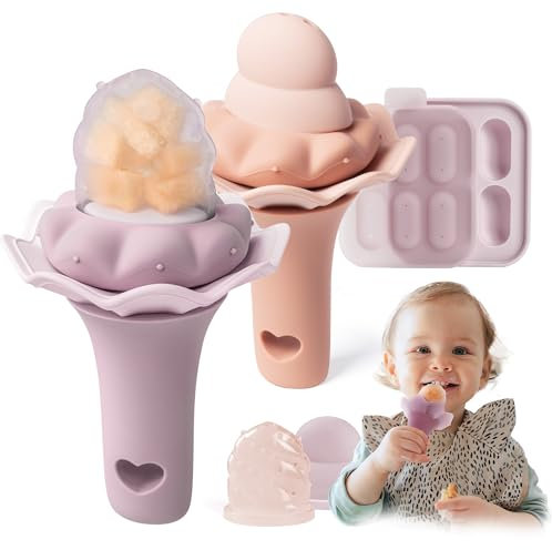 Moonkie Fruchtsauger Baby mit Gefrierschrank Tablett, BPA-Frei Silikon Fruchtschnuller mit Zwei Größen Beutel, 4 Monate+ Zahnungshilfe, Geschenk zur Babyparty, 2 Stück(Gedeckt/Hellmauve)