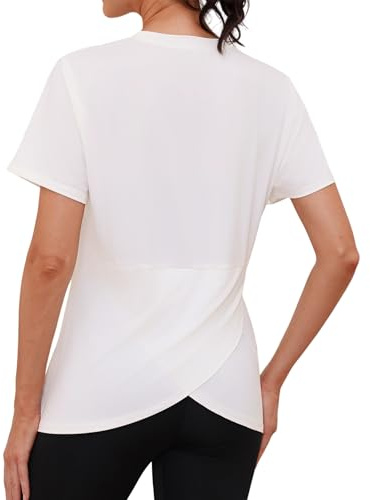 Gyabnw Damen Laufshirt Kurzärmelig Rundhals Rücken überkreuzt Leicht Feuchtigkeitsableitend Lockere Sport Yoga Oberteile
