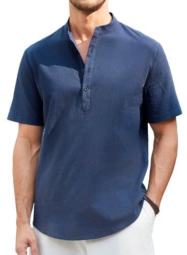 Enlision Mens Grandad Shirts Summer Short Sleeve Linen Shirt for Men Casual Beach Holiday Henley T-Shirts