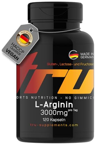 L-Arginin 3000mg - 120 Kapseln - Hochdosiert -TRU Sports Nutrition - 100% Vegan | Herstellung & Laborprüfung in Deutschland