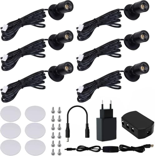 Gouzloyed 6 Piezas Mini focos LED Superficie Rotativo 360°Mini Spot Luz con Puerto USB 3000K Blanca Cálida Luz Regulable Adecuado para Armarios Pasillos Salas (6 Piezas-Blanco Cálido-Negro)