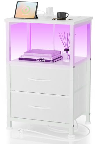 Yornoli Nachttisch mit LED & Ladefunktion, Beistelltisch mit Schublade, Nachttische mit 3 AC-Anschlüsse & 2 USB-Anschlüssen, Beistelltische fürs Wohnzimmer, Schlafzimmer, Weiß