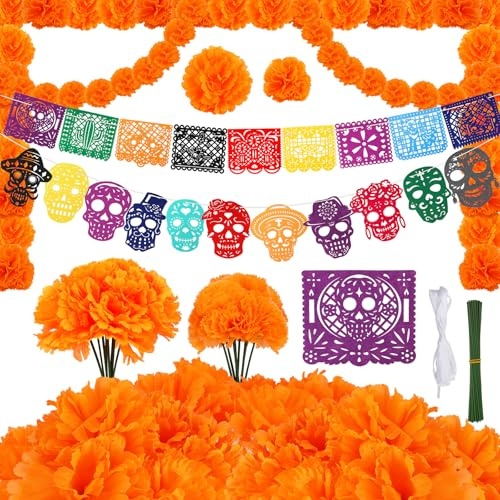 HOWAF Artificial de Flores Dia De Muertos Decoracion, Cabezas de Flores de Caléndula Papel Picado Dia De Muertos Banderas Halloween para Halloween Decoracion