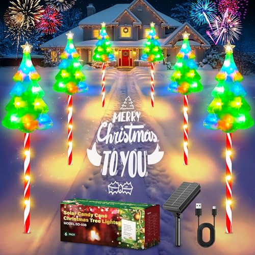GEARLITE Solar Christmas Pathway Lights Outdoor Decorations, 6 Pack Xmas Tree Candy Lights for Yard Walkway Lawn Porch, 10 Modes Led Waterproof Garden Patio Stake Light Holiday Decor
