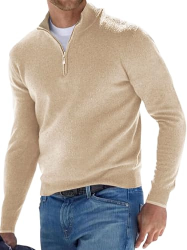Rayson Jersey Hombre Jersey de Punto con Cremallera Suéter Casual y Ligero para el Otoño y el Invierno Caqui L
