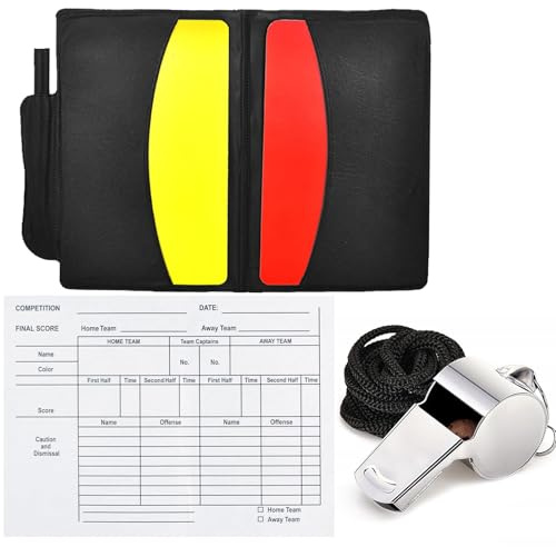 Terilamy Referee Cards Set, Warning Football Referee Kit, Red and Yellow Cards with Stainless Steel Metal Coach Whistle with Lanyard, Record Paper, Pencil, Card Holder for Football Basketball Soccer