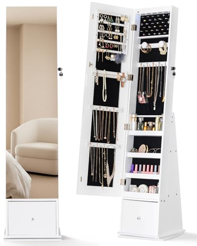 LUXFURNI Swivel Standing Jewelry Cabinet, 61.8 in Mirror with Storage