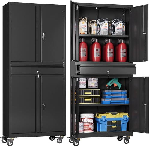 DEVAISE Metal Garage Storage Cabinet with Locking Doors and Drawer,71 Tool Cabinet with Adjustable Shelves & Wheels, 71 Steel Cabinet for Garage, Warehouse (Black)