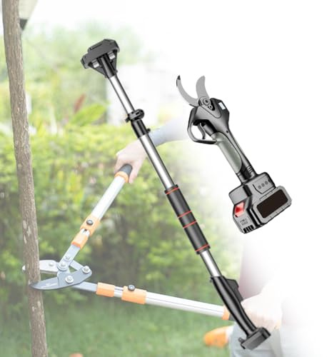 Jiayiyoux Tijeras De Podar EléCtricas 2 En 1 con PéRtiga De ExtensióN, Podadora EléCtrica InaláMbrica, Podadora De áRboles Sin Escobillas para Poda De Ramas, DiáMetro De Corte De 1.6, Pantalla LCD