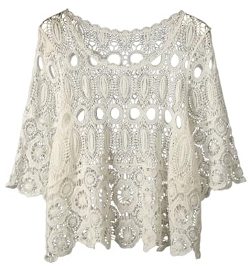 Crochet Tops for Women UK,Crochet Beach Cover Up Plain Round Neck 3/4 Sleeve Boho Top Hollow Out Jumper Casual Summer Knit Lightweight Baggy Pullover Tops Lagenlook Fringe Trim Sheer Bikini Cover Up
