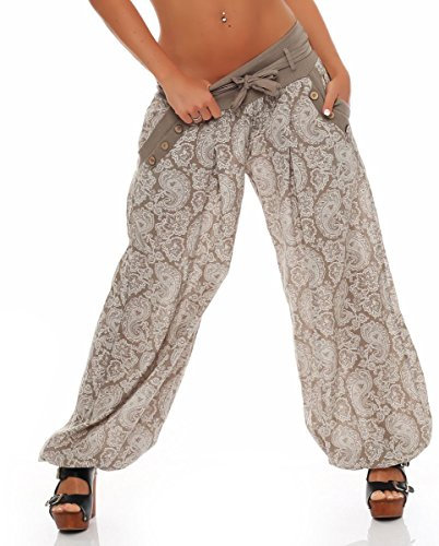 Malito – Damen Haremshose Orient Print aus Baumwolle – Leichte Stoffhose mit elastischem Bund – Bequeme Hippie Hose für Strand & Alltag – Aladinhose für Frauen 3488 (Fango)
