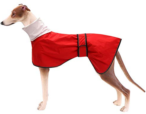 MOREZI Hunderegenmantel mit Stehkragen, Wasser- und Winddicht, mit reflektierenden Streifen und Verstellbarer magischer Schnalle, geeignet für Windhunde und Whippets-Rot-S