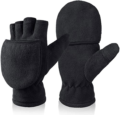 BESSTEVEN Winter Fingerless Gloves Convertible Mittens with Flip Top Thermal Fleece for Running Walking Photographing Painting Typing - Black Small
