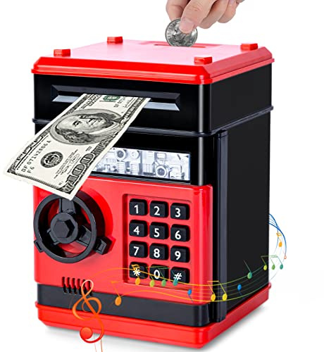Thedttoy Kids Money Safe Piggy Bank Toy Money Bank w/Electronic Lock, Auto Scroll Paper ATM Machine Money Box Safe for 3-12 Years Old Children Boys Girls, Best Toy Gifts for Birthday Christmas (Red)