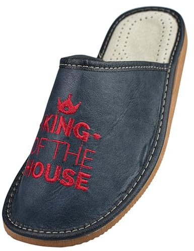 APREGGIO Chaussons Homme en Cuir – Mules Confortables 'King of the House' – Noir et Rouge – Taille 40