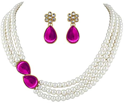 Aheli Pearl Mala Rani Pink Necklace with Earrings Gift for Women Indian Traditional Bollywood Fashion Stylish Ethnic Bharatanatyam jewellery Set