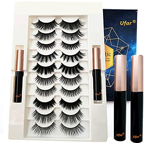 Ufar Magnetic False Eyelashes with Eyeliner - [ 2022 Upgraded ] 5 Pair Reusable 3D and Eyeliner, Lashes, Natural Fluffy Eyelash Applicator