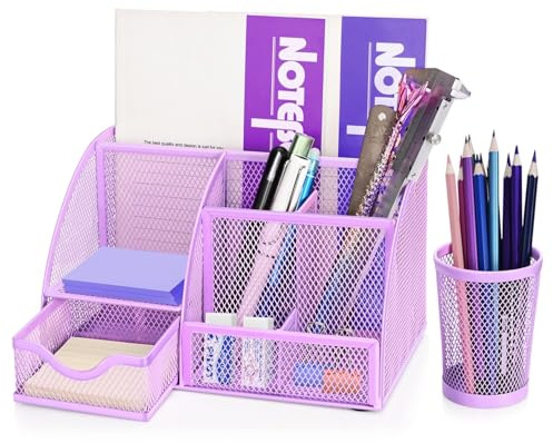 Flexzion Desk Caddy Organizer Set (Purple) - Metal Mesh Desktop Caddy with Drawers, 6 Compartments, and Pencil Holder for Women & Men - Desktop Organizer and Storage for Work or Office Supplies