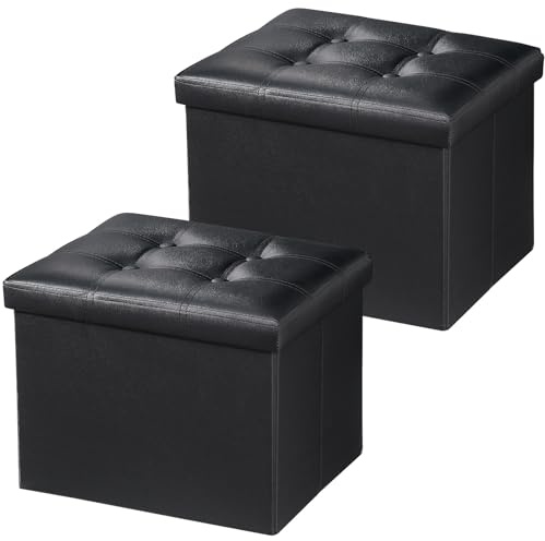 Bsketa Storage Ottoman Bench, 17 Folding Leather Foot Rest,Black 2 Pack
