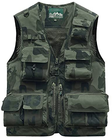 KTWOLEN Homme Gilet de Pêche Multi-Poches Gilets Léger Respirant à Séchage Rapide Gilet de Photographe Camping Chasse Gilet Extérieur sans Manche avec 15 Poches, Camouflage foncé, XL