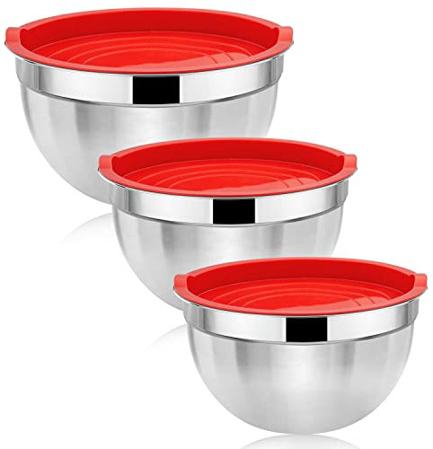 Herogo Mixing Bowl Set of 3, Stainless Steel Nesting Bowl with Red Airtight Lids, Ideal for Baking Cooking Serving, Non-Toxic & Rust Free, Dishwasher Safe (4.5/2.7/1.5 QT)
