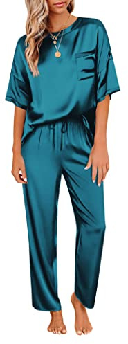 Ekouaer Damen Schlafanzug Satin Pyjama Set mit Taschen Zweiteiler Pyjama Lang Hose Freizeitanzug Sommer Seide Kurzes Top, Pfaublau, XL