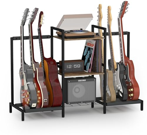 Guitar Stand Guitar Rack with 4 Guitar Holders for Acoustic, Electric Guitar,Bass,3-tiers Storage Shelf for Guitar Amp Picks Accessories,Guitar Stuff Organizer for Music Studio Home, Rustic Brown