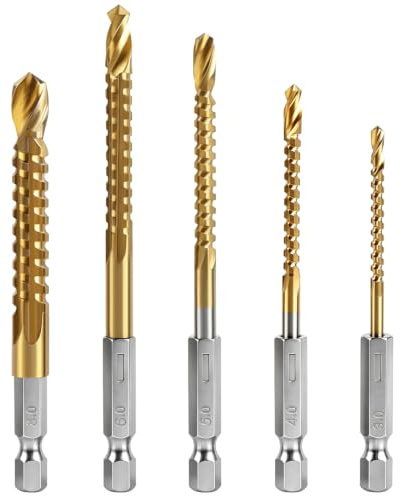 YUENTOEN 5Pcs Titanium Coated HSS Twist Drill Bits, Hex Shank 3/4/5/6/8mm Head, Serrated Side Cutting Drill Bit for Carpenter Woodworking Wood Metal Plastic