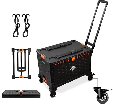 Shopping Trolley Foldable Utility Cart Wagon with One Separate Foldable Storage Box 60L Large Capacity Hand Trolley Folding with 360°Rotating Brake Rubber Wheels & Lid Transport Folding Cart