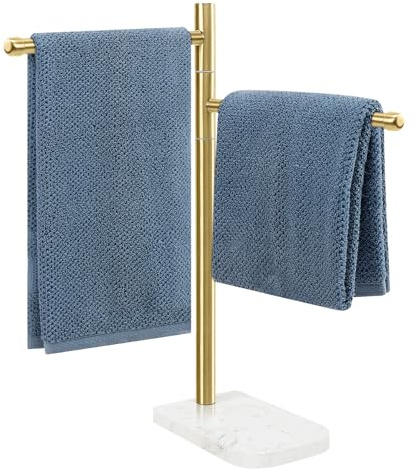 BathAce Hand Towel Holder, F-Shape Hand Towel Stand with Marble Base, Stainless Steel Swivel Hand Towel Rack Bar Standing for Bathroom Kitchen Countertop, 2 Arms (Gold)