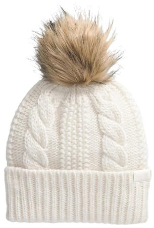 The North Face Women's Oh Mega Fur Pom Lined Beanie | Deep Fit, Cuffed Winter Hat with Soft Cable Knit Texture & Fleece Lining, White Dune, One Size