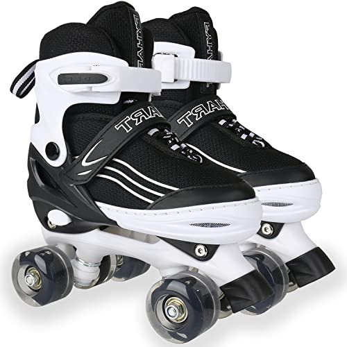 Kids Roller Skates for Girls Boys Adjustable Roller Skates with Light Up Wheels, Fun Illuminating for Girls Boys, Suitable for Both Indoor and Outdoor Use (White/Black, Large-UK 4-7)