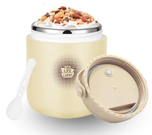 Chedin Récipient isotherme pour aliments - Gobelet à yaourt isotherme en acier inoxydable - 430 ml - Anti-fuite - Avec cuillère et couvercle - Idéal pour soupes, plats, céréales - Jaune