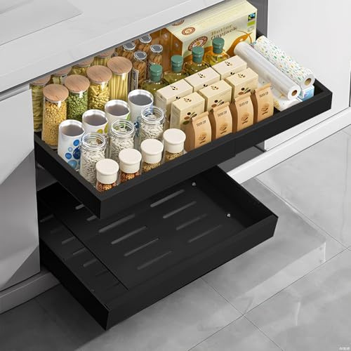 Cajón telescópico, organizador de cocina, cajón extensible (32-52 cm),cajones extraibles para cocina,cajon telescopico cocina, gavetas deslizantes para armarios,corredero sin taladrar (negro)