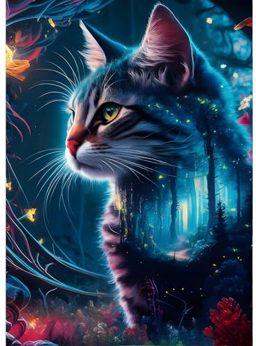 QINRUBB DIY Katze Diamond Painting Erwachsene, 5D Kätzchen Diamant Painting Bilder Anfänger, Wald Runder Vollbohrer Diamanten Malerei Fantasie Stickerei Kreuzstich Geschenke Home Wand Dekor 30x40cm