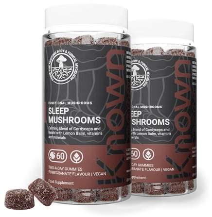 Known Tasty Sleep Mushrooms Gummies - Reishi, Cordyceps, Vitamin B - Reduces Fatigue - Natural Pomegranate Flavour - 60 Vegan Gummies, 2 Month Supply