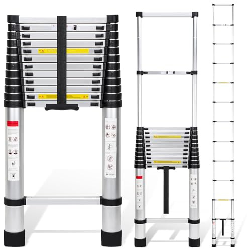 Lospitch Escalera telescópica, 5 m, escalera extensible antideslizante, aluminio, carga 150 kg, escalera extensible, escalera multiusos, extensible y portátil para desván, oficina, caravana, escalada