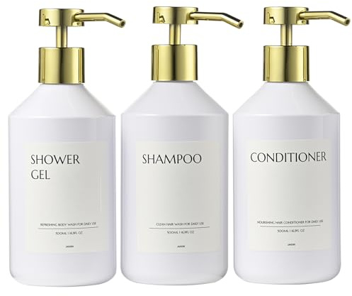 Janxin 3-pack plastflaskor med pump, för diskmedel, schampo och balsam, tvåldispenser för badrum, passar för kök, badrum och hotell (vit flaska + guldlock)