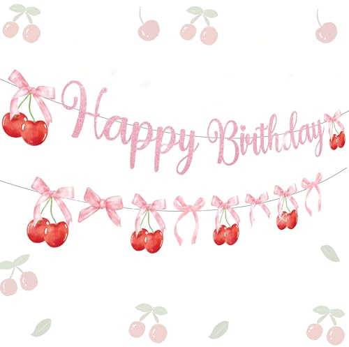 JeVenis banderín de cumpleaños con tema she's the cherry on top adornos de cumpleaños con lazos decoración para fiestas con lazos decoración para fiestas con tema de cerezas accesorios para cumpleaños