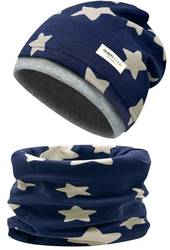 Enwokran Childrens' Slouchy Beanie Hat Loop Scarf Set Soft Easy Care Stretch Material Round Scarf Soft Girls Boys Winter Autumn Spring Set (Star-Navy)
