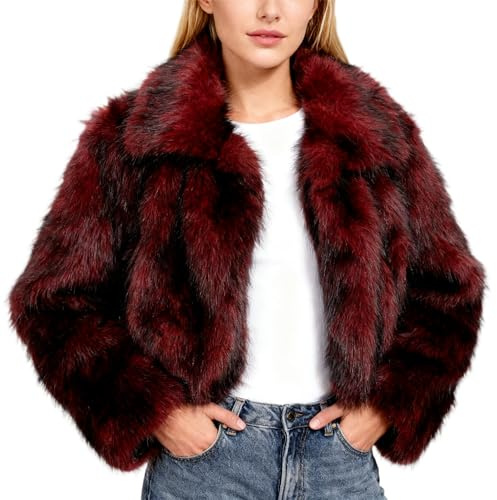 Amazhiyu Cappotto da donna in pelliccia sintetica con tasche, giacca invernale a maniche lunghe con risvolto aperto sul davanti, cardigan caldo in peluche, Rosso, S