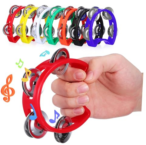 Kisangel Set 7 Pezzi Tamburelli per Bambini con Campanelli in Plastica Colorata, Strumenti Musicali Percussione Portatili per Giochi e Feste Infantili